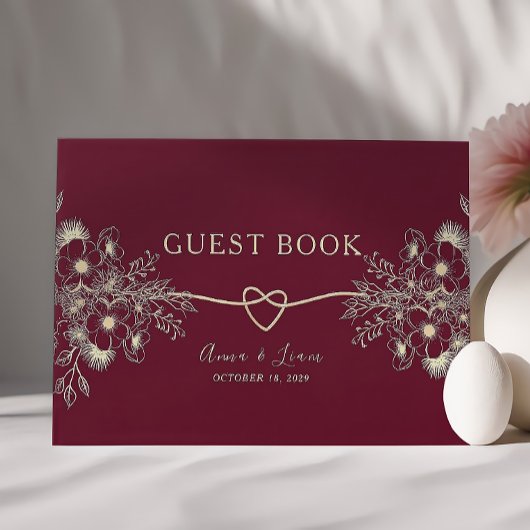 Burgundy en Gold Floral Wedding Gastenboek