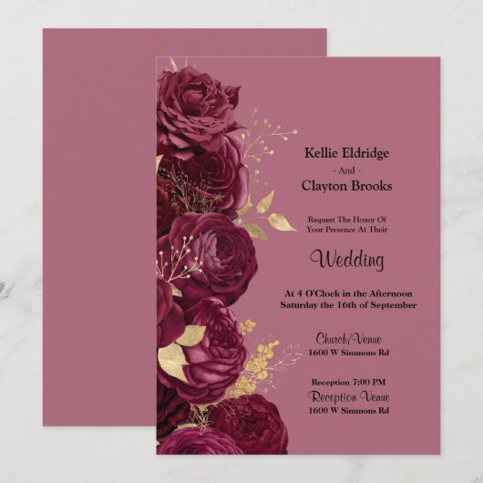 Burgundy en Gold Floral Wedding Invitation Kaart (Voorkant / Achterkant)