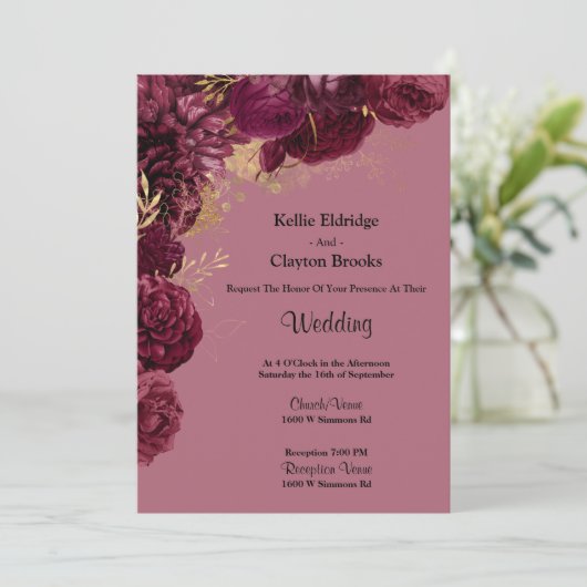 Burgundy en Gold Floral Wedding Invitation Kaart (Staand voorkant)