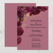 Burgundy en Gold Floral Wedding Invitation Kaart (Voorkant / Achterkant)