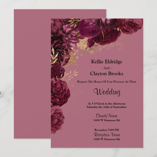 Burgundy en Gold Floral Wedding Invitation Kaart (Voorkant / Achterkant)
