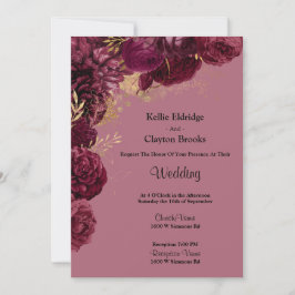 Burgundy en Gold Floral Wedding Invitation Kaart