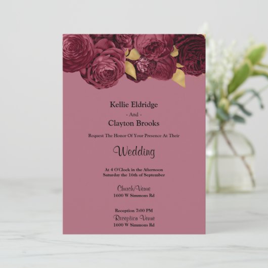 Burgundy en Gold Floral Wedding Invitation Kaart (Staand voorkant)