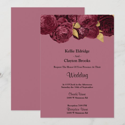 Burgundy en Gold Floral Wedding Invitation Kaart (Voorkant / Achterkant)
