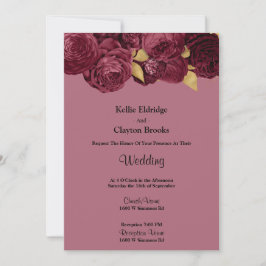 Burgundy en Gold Floral Wedding Invitation Kaart
