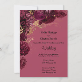 Burgundy en Gold Floral Wedding Invitation Kaart