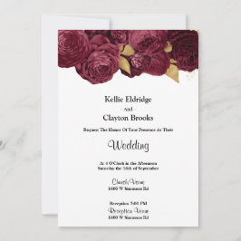 Burgundy en Gold Floral Wedding Invitation Kaart