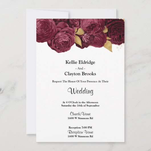 Burgundy en Gold Floral Wedding Invitation Kaart (Voorkant)