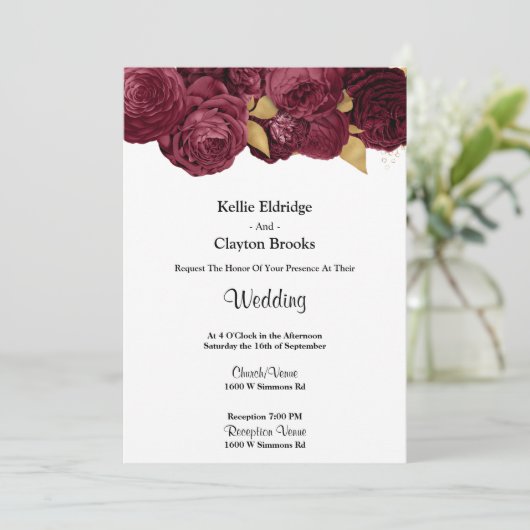 Burgundy en Gold Floral Wedding Invitation Kaart (Staand voorkant)