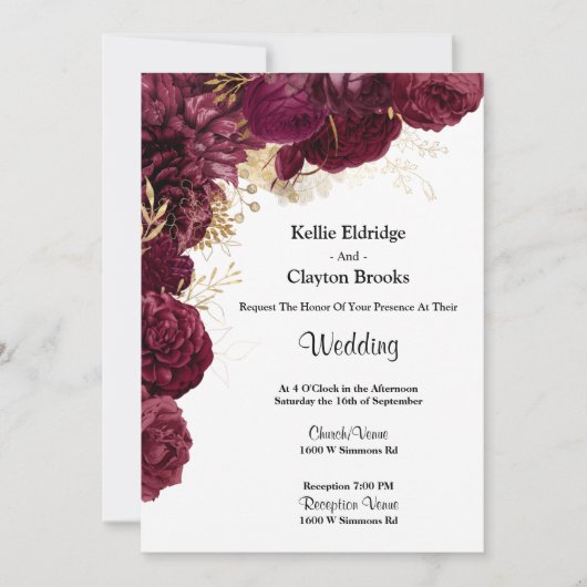 Burgundy en Gold Floral Wedding Invitation Kaart (Voorkant)