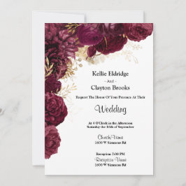 Burgundy en Gold Floral Wedding Invitation Kaart