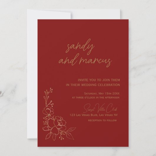 Burgundy en Gold Floral Wedding Invitation Kaart (Voorkant)