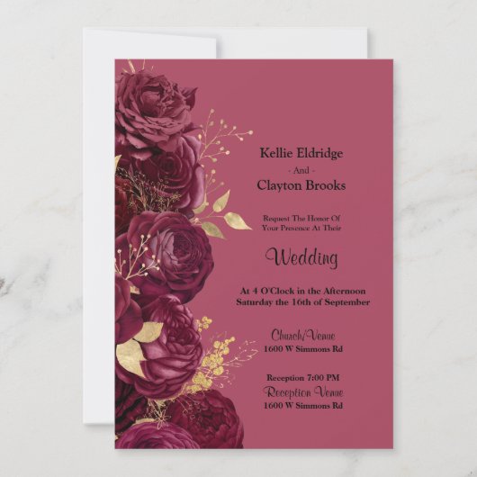 Burgundy en Gold Floral Wedding Invitation Kaart (Voorkant)