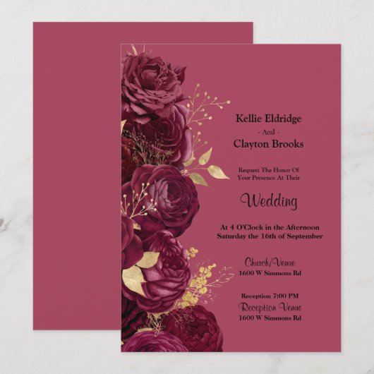 Burgundy en Gold Floral Wedding Invitation Kaart (Voorkant / Achterkant)