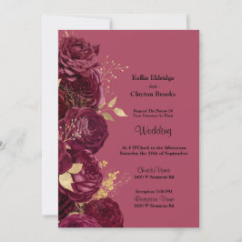 Burgundy en Gold Floral Wedding Invitation Kaart