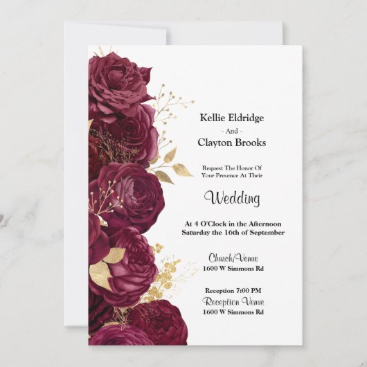 Burgundy en Gold Floral Wedding Invitation Kaart (Voorkant)