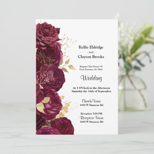 Burgundy en Gold Floral Wedding Invitation Kaart (Staand voorkant)