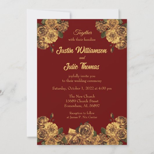 Burgundy en Gold Floral Wedding Kaart (Voorkant)