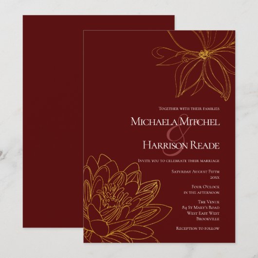 Burgundy en Gold Floral Wedding Kaart (Voorkant / Achterkant)