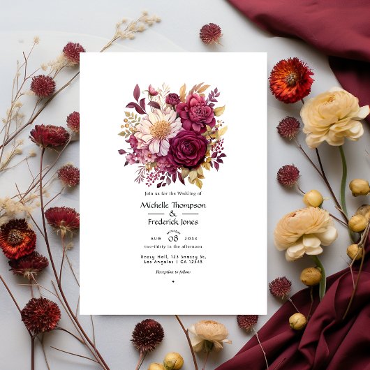 Burgundy en Gold Floral Wedding Kaart