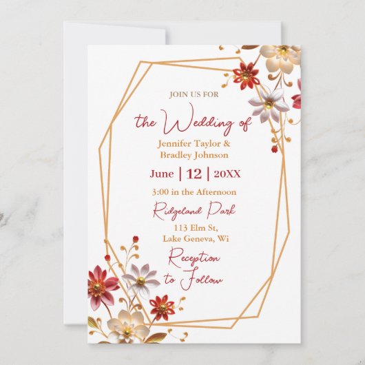 Burgundy en Gold Floral Wedding Kaart (Voorkant)