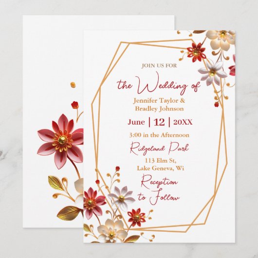 Burgundy en Gold Floral Wedding Kaart (Voorkant / Achterkant)