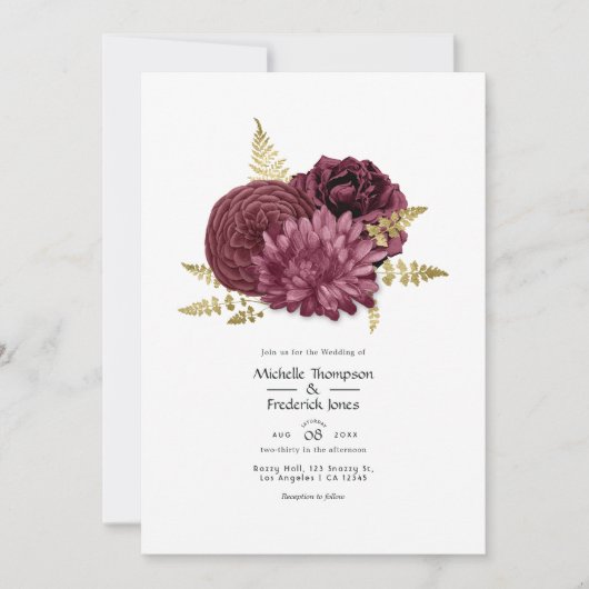 Burgundy en Gold Floral Wedding QR Code Uitnodigin Kaart (Voorkant)