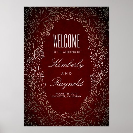 Burgundy en Gold Floral Wedding Welcome Sign Poster (Voorkant)