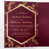 Burgundy en Gold Flourish Swirl Weduwfoto Drieluik Uitnodiging (Binnenzijde eerst)