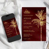 Burgundy en Gold Glitter Date Palm Muslim Weduwen Kaart