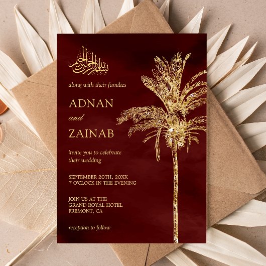 Burgundy en Gold Glitter Date Palm Muslim Weduwen Kaart