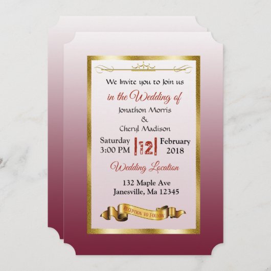 Burgundy en Gold Gradient Wedding Invitations Kaart (Voorkant / Achterkant)