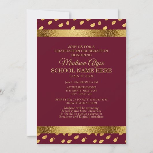 Burgundy en Gold Graduation Party Invitation Kaart (Voorkant)