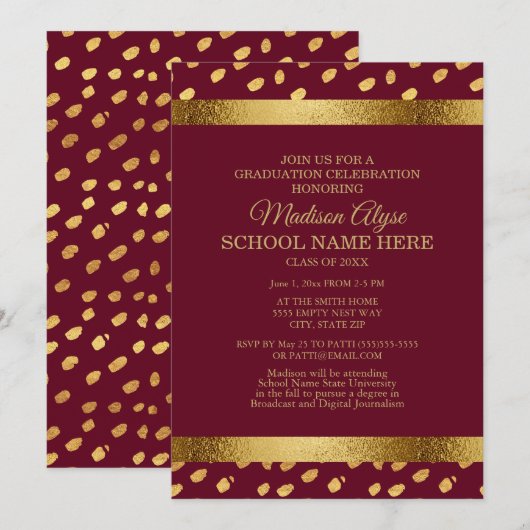 Burgundy en Gold Graduation Party Invitation Kaart (Voorkant / Achterkant)