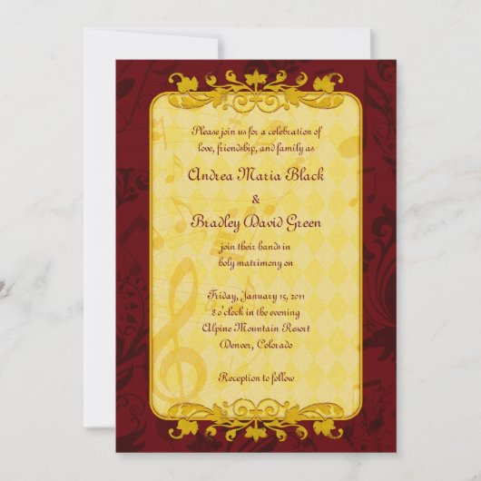 Burgundy en Gold Muzieknoten Wedding Invitation Kaart (Voorkant)