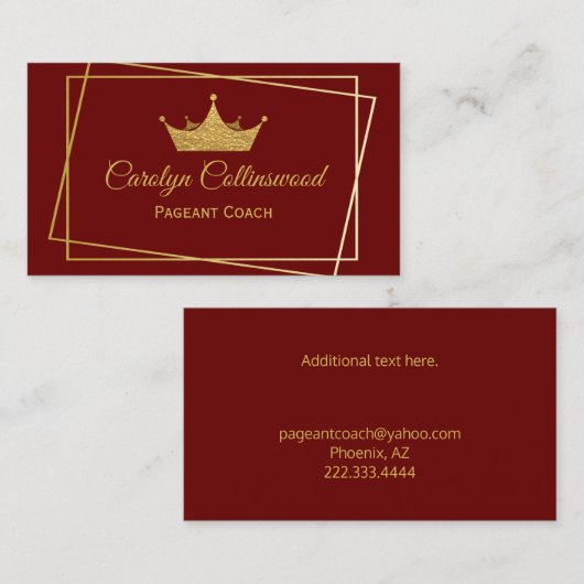 Burgundy en Gold Pageant Coach Visitekaartje (Voorkant / Achterkant)