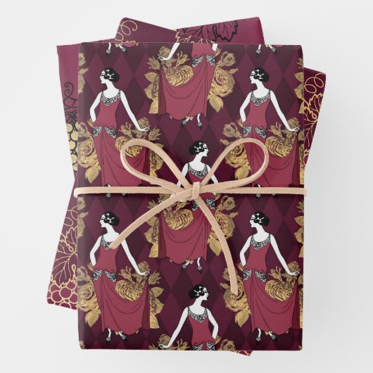 Burgundy en Gold Paris Wine Art Deco Inpakpapier Vel (In situ)