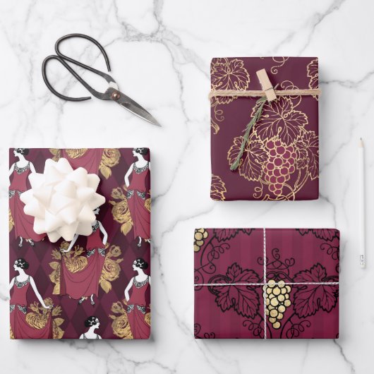 Burgundy en Gold Paris Wine Art Deco Inpakpapier Vel (Voorkant)