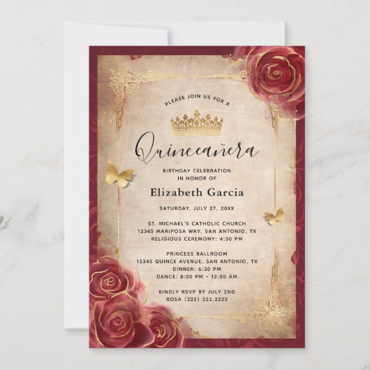Burgundy en Gold Roos Elegant Quinceanera Kaart (Voorkant)
