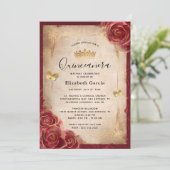 Burgundy en Gold Roos Elegant Quinceanera Kaart (Staand voorkant)
