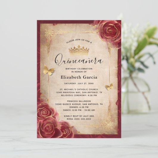 Burgundy en Gold Roos Elegant Quinceanera Kaart (Staand voorkant)