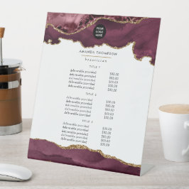 Burgundy en goud agaat steen zakelijke prijsstelli reclamebord met voetstuk