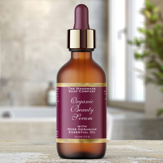 Burgundy en Goud Cosmetica Druppelfles Etiket