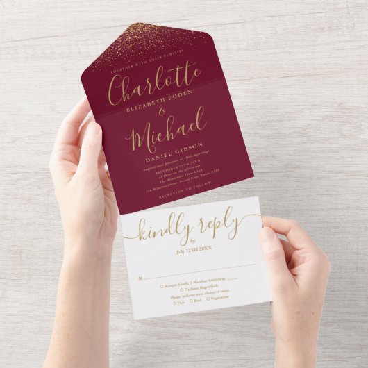 Burgundy En Goud Glitter Script Trouwdag All In One Uitnodiging (Afscheurbaar)