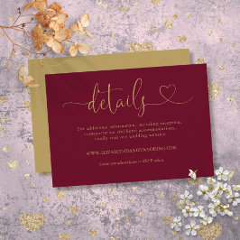 Burgundy En Goud Hart Script Trouwdetails Informatiekaartje