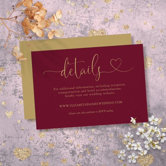 Burgundy En Goud Hart Script Trouwdetails Informatiekaartje