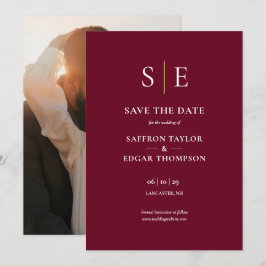 Burgundy en Goud Monogram Foto Bruiloft Save The Date