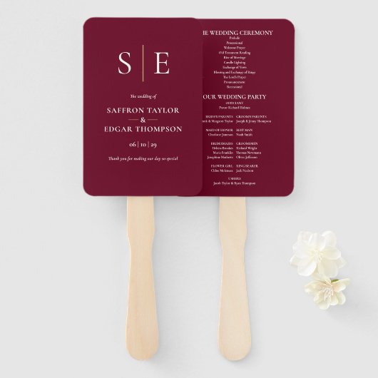 Burgundy En Goud Monogram Huwelijksprogramma Handwaaier (Voorkant en achterkant)