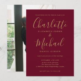 Burgundy En Goud Schrift Huwelijk Moderne Foto Kaart