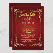 Burgundy en Gouden 3D-teksteffect Bewaar de datum Kaart (Voorkant / Achterkant)